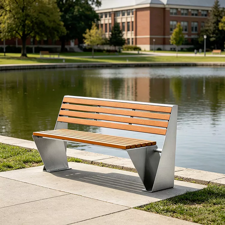 Banc commercial à structure métallique avec siège en bois