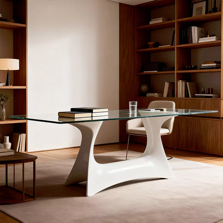 Ensemble de salle à manger en FRP avec base sculpturale et plateau en verre