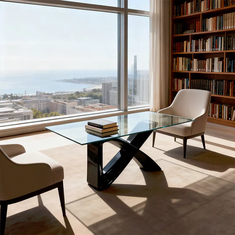Table de patio moderne en verre avec base en X incurvée en PRV